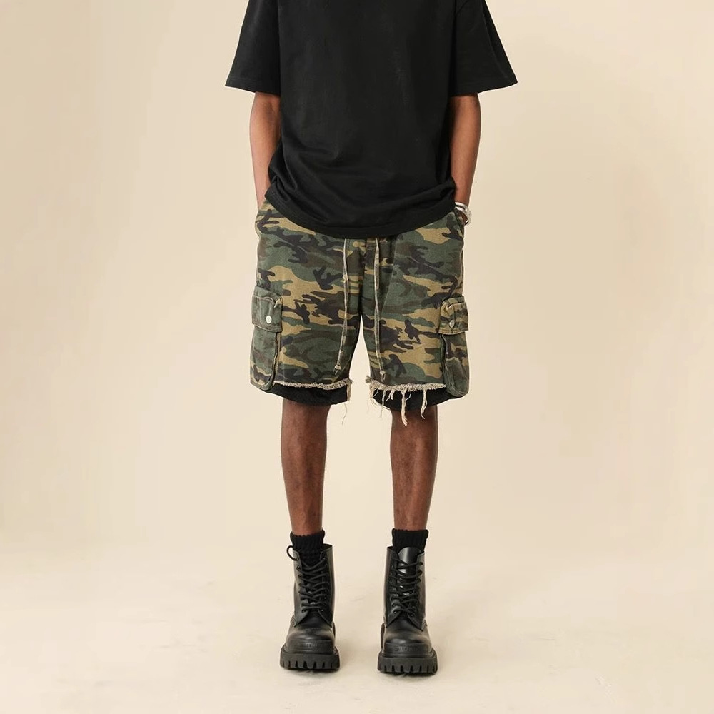 Streetwear Brand Pants - Shorts mimetici vintage lavati con bordi